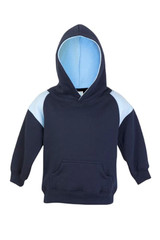 A navy hoodie with light blue contrast panels and a hood, featuring a front pocket and branding.