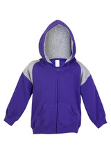 A purple kids' hoodie with grey contrast panels and a front zipper. Features a hood and front pockets.