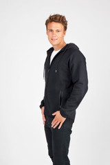 A black hooded jumper made of soft cotton and bonded polar fleece, featuring a zip and side pockets.