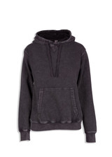 A women's junior stone wash fleece hoodie in a dark grey colour with a front pocket and a hood.