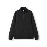 A women's half zip fleece jumper in black, featuring side zip pockets and a collar. It has a branding label.