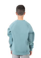 A back view of a kid wearing a blue cotton sweatshirt, featuring a round neck and raglan sleeves.