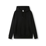 A black kangaroo hoodie with a front pocket and an adjustable hood, made from cotton.
