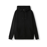 A black men's cotton hoodie with a kangaroo pocket and a zip closure, featuring a hood and long sleeves.