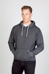 A grey hoodie with a front pocket and drawstring hood, featuring a logo on the chest.