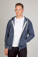 Men's heather zip hoodie in navy blue, featuring a front zip, drawstring hood, and a relaxed fit.