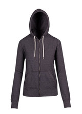 A heather grey zip hoodie featuring a hood and long sleeves, with a logo on it.