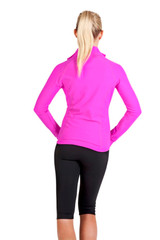 A pink women's nylon/spandex jacket is displayed from the back, paired with black leggings. It features a logo.
