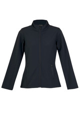 A black soft shell jacket with a fitted design, featuring a full zip and side pockets.