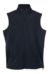 A men's black soft shell vest with a high collar and two zip pockets. It features a logo on the front.
