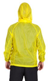 A men's air jacket in bright yellow, featuring a hood and a lightweight design, with a logo present.