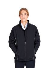 A black Men's Tempest Plus Jacket with white piping, featuring a zipped front and high collar. It has a logo on it.