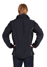 A black men's jacket with a collar, featuring white accents and a logo on the back.