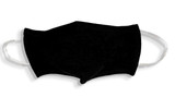 A black 100% cotton face mask with elastic ear straps and a structured design. It features a branding logo.