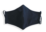 A cotton face mask in navy blue with elastic ear loops and a contoured design. It features a branding logo.