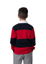 A rugby polo top in red and navy stripes, featuring a white collar, displayed on a child from the back.