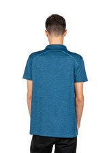 A blue polyester polo shirt with a collar and a logo on the back, featuring short sleeves.
