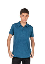 A blue polyester polo shirt for men and unisex, featuring a collar and a logo.