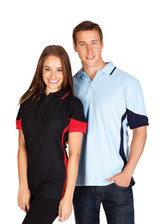 A black and red contrast polo shirt on a woman, and a light blue polo shirt on a man, both featuring logos.
