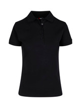 A black women's 100% cotton pique knit polo shirt with a collar and buttons, featuring a logo.