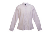 A light pink long sleeve button-up shirt with a collar, featuring a logo on the label.