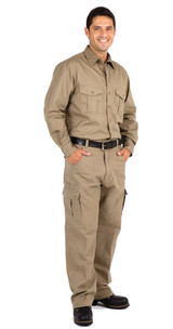 A long sleeve work shirt in khaki with two chest pockets, worn by a smiling male model. Features a logo.