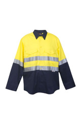 A long sleeve work shirt in high visibility yellow and navy, featuring reflective stripes and a logo.