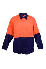 A long sleeve work shirt in orange and navy, featuring button-up front and two chest pockets. Includes a branding logo.
