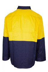 A long sleeve work shirt in yellow and navy blue, featuring a two-tone design and a collar. It has a logo on the side.