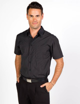 A short-sleeved black and white striped button-up shirt with a chest pocket and a logo.