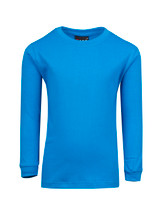A long-sleeve T-shirt in bright blue fabric, featuring a round neckline and fitted sleeves. It has a branding label.