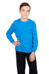 A blue long sleeve T-shirt on a child, paired with black trousers. The shirt features a logo on the front.