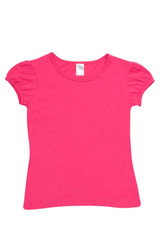 A pink short puff sleeve T-shirt with a classic round neckline and a simple design. It features a label inside.