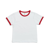 A white kids' t-shirt with red ringer sleeves and collar, featuring a logo on the label.
