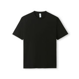 A black T-shirt with short sleeves and a round neck, featuring a logo tag.