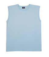 A light blue men's muscle T-shirt with a round neckline and no sleeves. It features a brand logo.