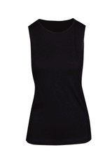 A black sleeveless tee from the Greatness Range, featuring a smooth, fitted design and casual style.