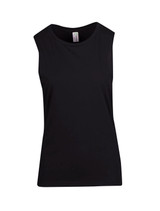 A black women's tank top with a sleek, sleeveless design and a logo on the label.