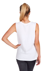 A white women's combed cotton tank top with a simple design, featuring a logo on the back.