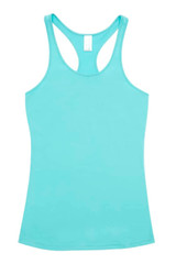 A light turquoise women's T-back singlet with a racerback design. It features a plain style and has a branding logo.
