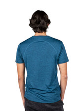 A blue unisex short-sleeve T-shirt with a logo on the back, made from 100% polyester.