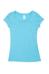 A light blue women's cotton/spandex t-shirt with a scoop neckline and short sleeves, featuring a logo.