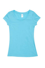 A light blue women's cotton/spandex t-shirt with a scoop neckline and short sleeves, featuring a logo.
