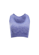A purple seamless crop top with a rounded neckline and a fitted design. It features a branding logo.