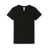 A black women's T-shirt with a classic crew neck design. It features a label and has a fitted style.