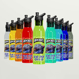 A drink bottle collection featuring various colors including yellow, orange, green, blue, and clear, each with a logo.