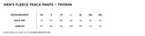 A table displaying size measurements for men's fleece track pants, including half hip and length in centimetres.
