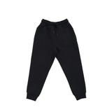 Black three-layer cotton track pants with an elastic waistband and pockets. Features a logo on the waistband.