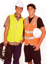Two men wearing work vests, one in high-visibility yellow and the other in orange, both with hard hats.