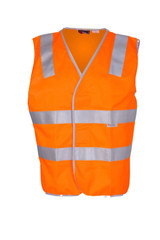 An orange work vest featuring 3M reflective tape and a logo, designed for safety and visibility.